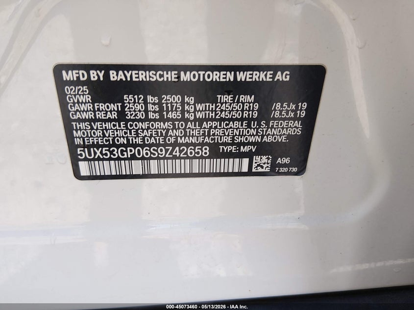 2025 BMW X3 VIN 5UX53GP06S9Z42658 IAAI salvage auction — FRONT END, Salvage Title, sold $24,300 on 2026-07-09 (photo 9)