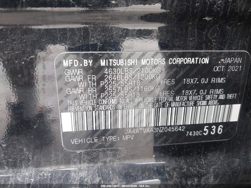 2022 Mitsubishi Eclipse cross VIN JA4ATVAA3NZ045642 IAAI salvage auction — RIGHT SIDE, Original (West Virginia), sold $3,750 on 2026-07-21 (photo 9)