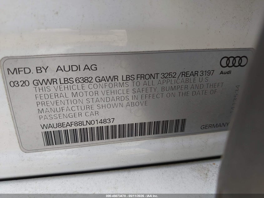 2020 Audi A8 VIN WAU8EAF88LN014837 IAAI salvage auction — SIDE, Salvage (Georgia), sold $13,000 on 2026-07-30 (photo 9)