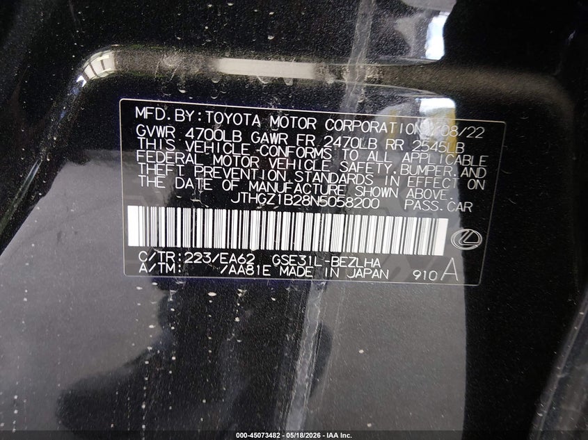 2022 Lexus Is VIN JTHGZ1B28N5058200 IAAI salvage auction — FRONT END, Bill Of Sale (Washington), sold $9,700 on 2026-07-08 (photo 9)