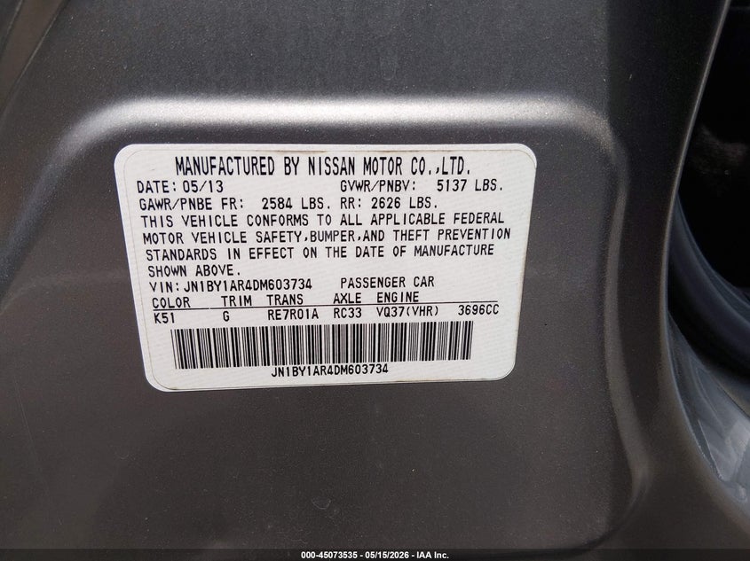 2013 Infiniti M37 VIN JN1BY1AR4DM603734 IAAI salvage auction — FRONT & REAR, Salvage (Tennessee), sold $1,025 on 2026-07-14 (photo 9)