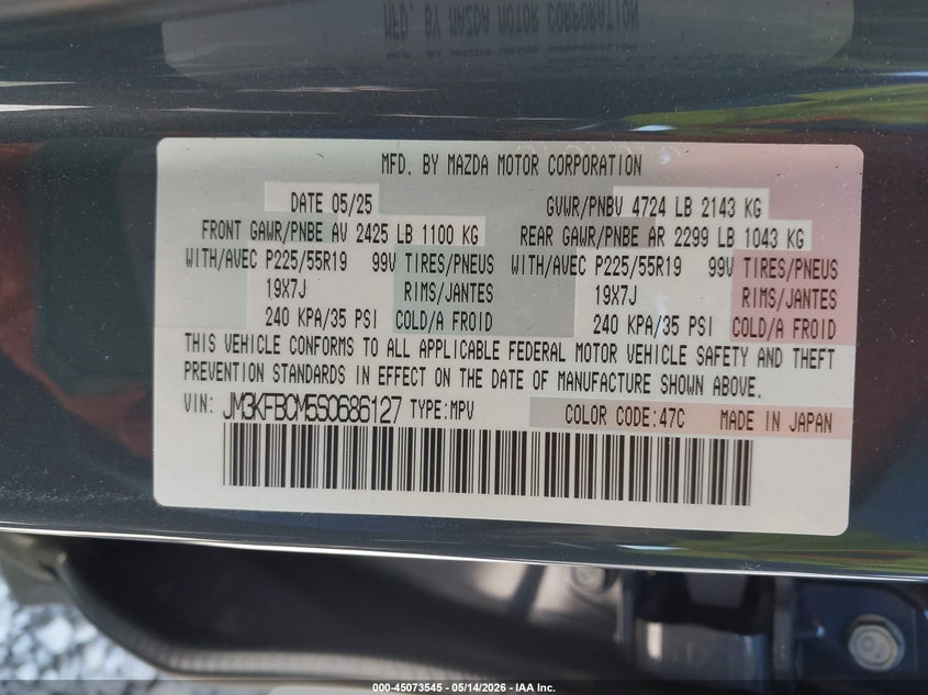 2025 Mazda Cx-5 VIN JM3KFBCM5S0686127 IAAI salvage auction — FRONT END, Salvage (Illinois), sold $9,425 on 2026-07-21 (photo 9)