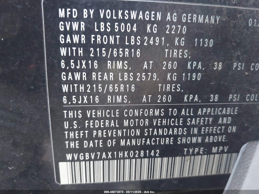 2017 Volkswagen Tiguan VIN WVGBV7AX1HK028142 IAAI salvage auction — REAR END, Clear (Oklahoma), sold $2,250 on 2026-07-07 (photo 9)