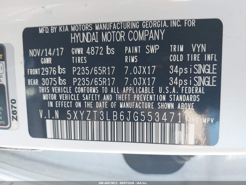 2018 Hyundai VIN 5XYZT3LB6JG553471 IAAI salvage auction — FRONT END, Salvage (California), sold $4,550 on 2026-07-15 (photo 9)