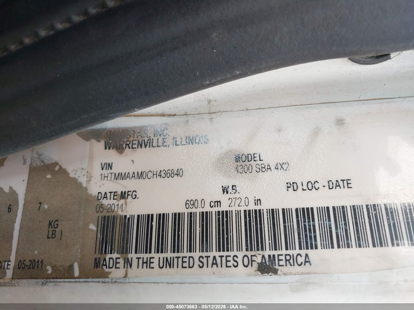 2012 International VIN 1HTMMAAM0CH436840 IAAI salvage auction — NORMAL WEAR, Clear - Dealer Only (California), sold $1,350 on 2026-07-07 (photo 8)