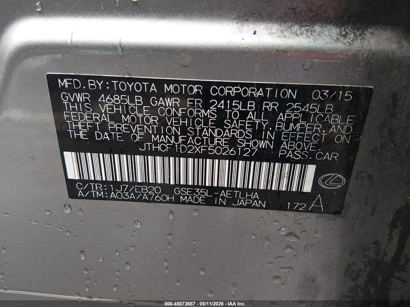 2015 Lexus Is VIN JTHCF1D2XF5026127 IAAI salvage auction — FRONT END, Salvage (North Carolina), sold $4,150 on 2026-07-15 (photo 9)