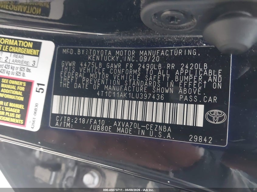 2020 Toyota Camry VIN 4T1C11AK1LU397436 IAAI salvage auction — RIGHT SIDE, Original (Texas), sold $8,200 on 2026-07-10 (photo 9)