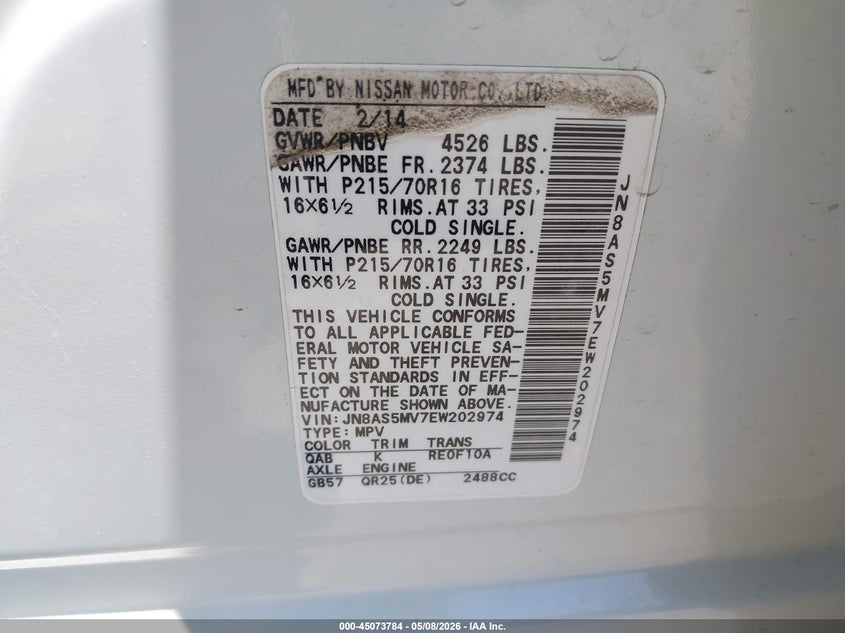 2014 Nissan Rogue VIN JN8AS5MV7EW202974 IAAI salvage auction — REAR END, Salvage - Greater Than 75% (Maryland), sold $25 on 2026-07-30 (photo 9)