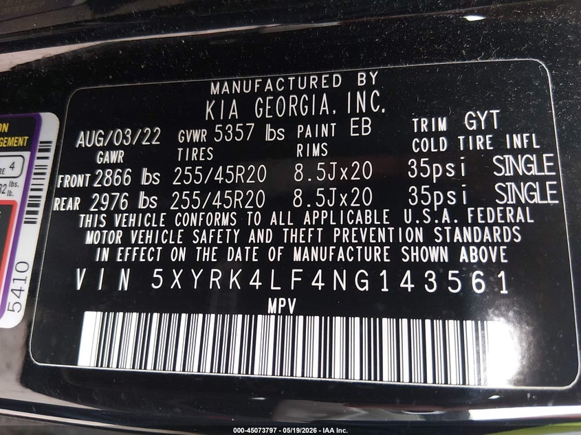 2022 Kia Sorento VIN 5XYRK4LF4NG143561 IAAI salvage auction — HAIL, Salvage (Ohio), sold $11,400 on 2026-07-07 (photo 9)