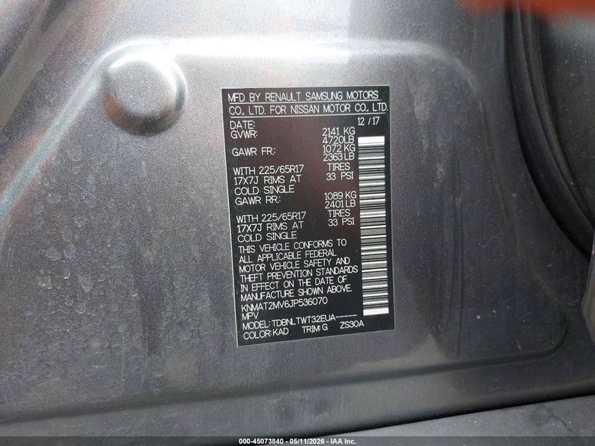 2018 Nissan Rogue VIN KNMAT2MV6JP536070 IAAI salvage auction — RIGHT FRONT, Salvage (Pennsylvania), sold $3,700 on 2026-07-16 (photo 9)