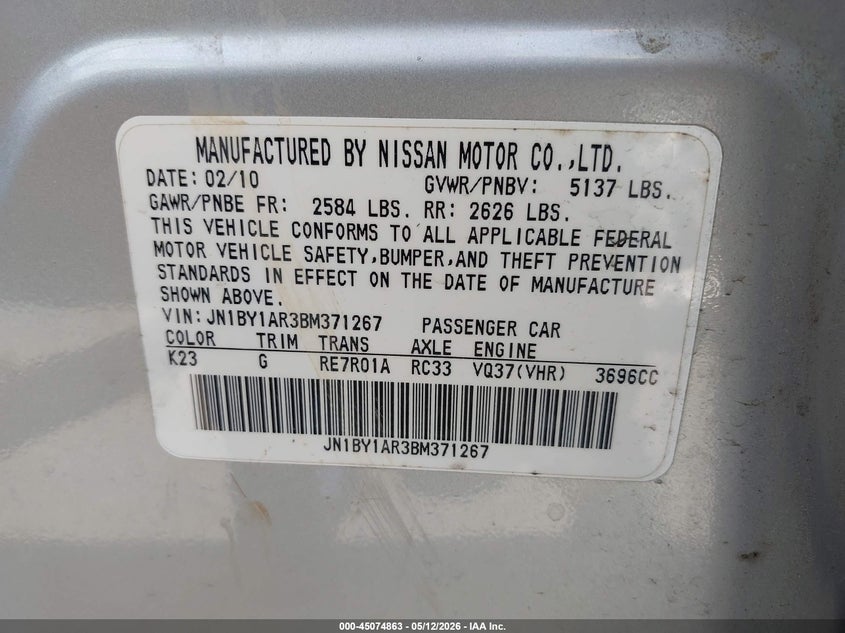 2011 Infiniti M VIN JN1BY1AR3BM371267 IAAI salvage auction — NORMAL WEAR, Clear (Washington), sold $500 on 2026-07-15 (photo 9)