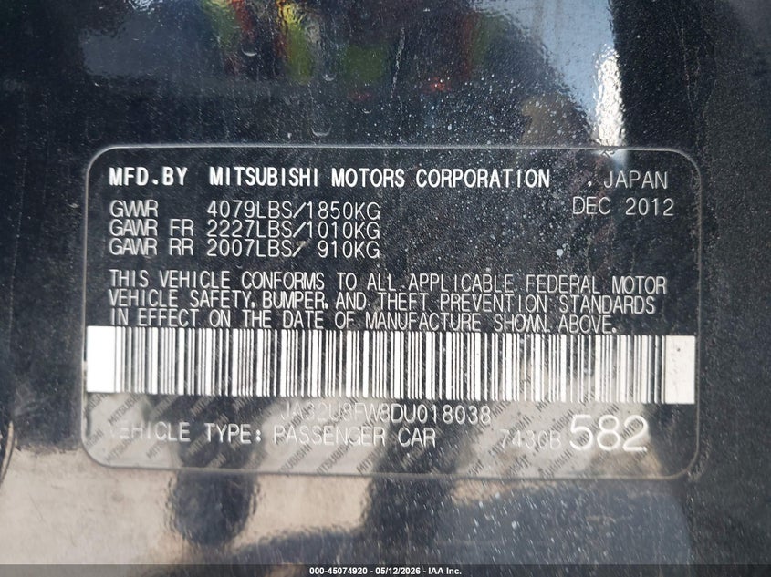 2013 Mitsubishi Lancer VIN JA32U8FW8DU018038 IAAI salvage auction — FRONT END, Original (Texas), sold $475 on 2026-07-08 (photo 9)