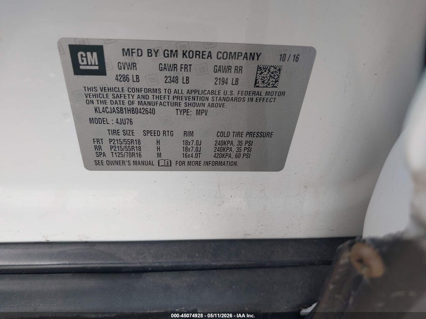 2017 Buick Encore VIN KL4CJASB1HB042640 IAAI salvage auction — FRONT END, Salvage (Texas), sold $900 on 2026-07-24 (photo 9)