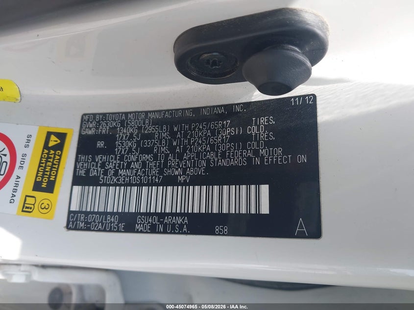 2013 Toyota Highlander VIN 5TDZK3EH1DS101147 IAAI salvage auction — RIGHT FRONT, Original (Texas), sold $2,400 on 2026-07-21 (photo 9)