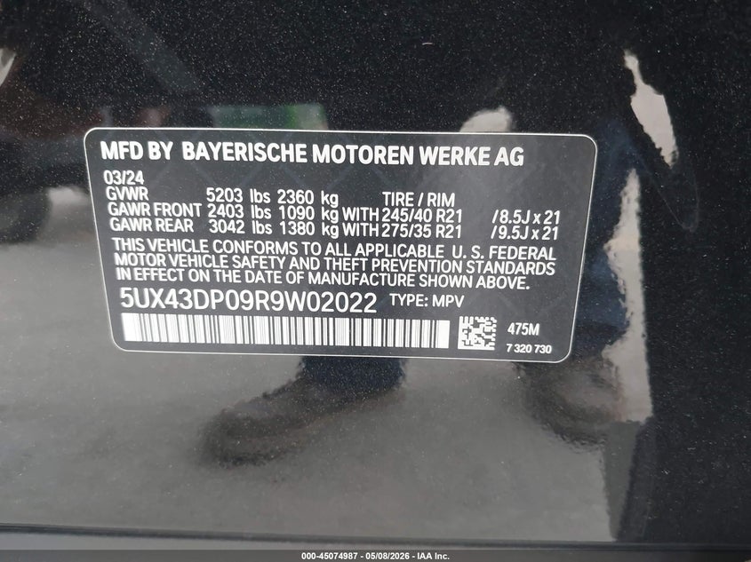 2024 BMW X3 VIN 5UX43DP09R9W02022 IAAI salvage auction — ROLLOVER, Salvage (California), sold $4,400 on 2026-07-15 (photo 9)