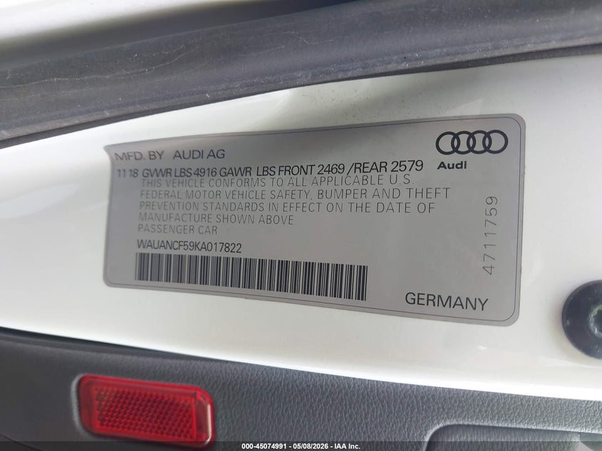 2019 Audi A5 VIN WAUANCF59KA017822 IAAI salvage auction — LEFT SIDE, Salvage (Texas), sold $4,250 on 2026-07-07 (photo 9)