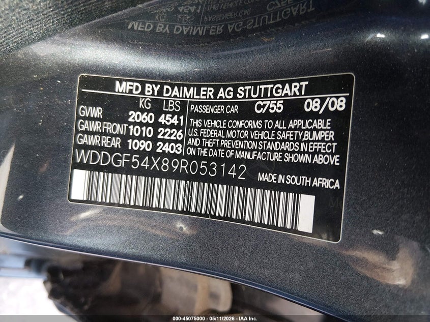 2009 Mercedes-benz C class VIN WDDGF54X89R053142 IAAI salvage auction — NORMAL WEAR, Original (Texas), sold $675 on 2026-08-03 (photo 9)
