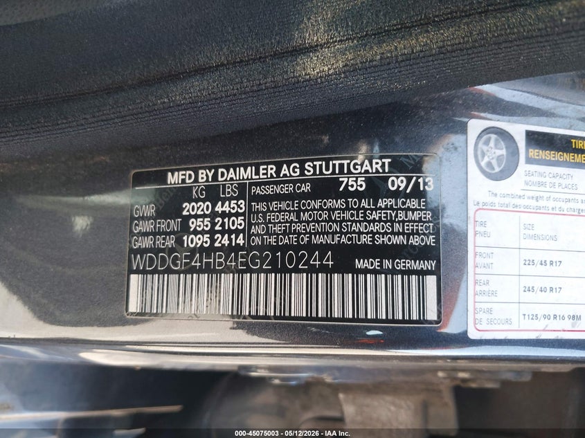 2014 Mercedes-benz C-klasse VIN WDDGF4HB4EG210244 IAAI salvage auction — FRONT END, Salvage (California), sold $525 on 2026-07-07 (photo 9)