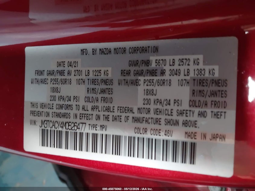 2021 Mazda Cx-9 VIN JM3TCACY4M0526477 IAAI salvage auction — FRONT END, Salvage (Georgia), sold $3,950 on 2026-07-06 (photo 9)