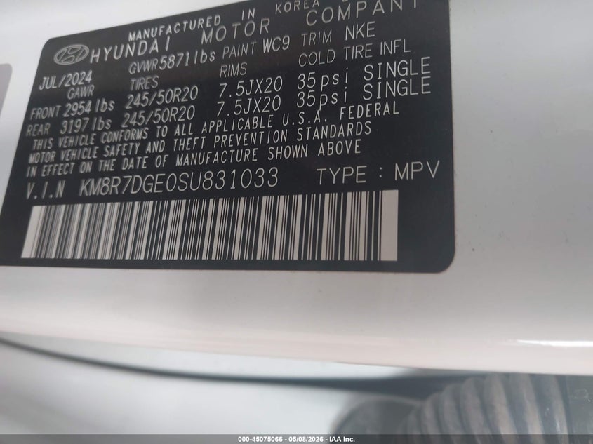2025 Hyundai Palisade VIN KM8R7DGE0SU831033 IAAI salvage auction — FRONT END, Salvage (Texas), sold $9,550 on 2026-07-07 (photo 9)