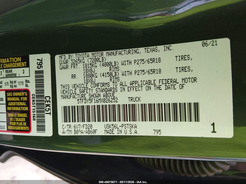 2021 Toyota Tundra VIN 5TFDY5F16MX026252 IAAI salvage auction — SIDE, Salvage (Georgia), sold $14,200 on 2026-07-16 (photo 9)