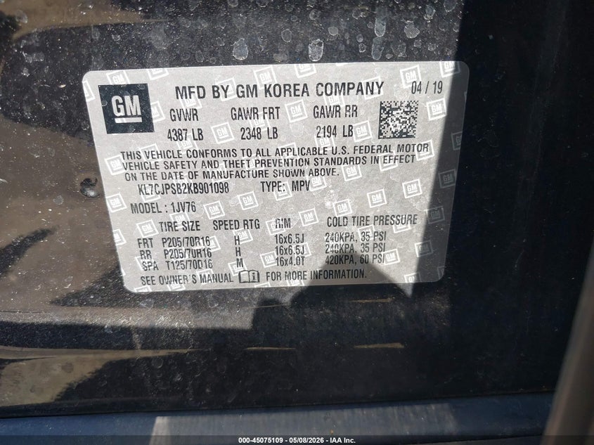 2019 Chevrolet Trax VIN KL7CJPSB2KB901098 IAAI salvage auction — RIGHT FRONT, Clear (Virginia), sold $1,350 on 2026-07-14 (photo 9)