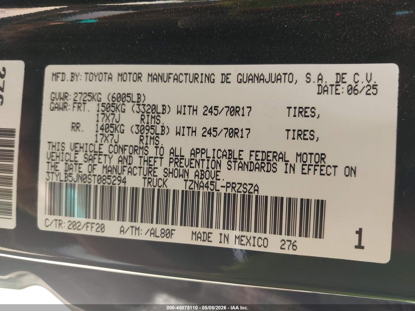 2025 Toyota Tacoma VIN 3TYLB5JN0ST085294 IAAI salvage auction — FRONT END, Original (Texas), sold $15,600 on 2026-07-30 (photo 9)