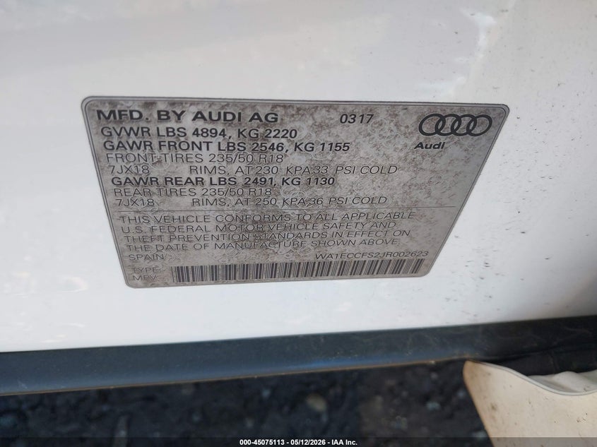 2018 Audi Q3 VIN WA1ECCFS2JR002623 IAAI salvage auction — FRONT END, Mv-907A (New York), sold $25 on 2026-07-28 (photo 9)