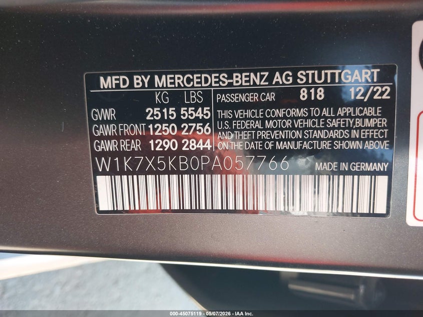 2023 Mercedes-benz VIN W1K7X5KB0PA057766 IAAI salvage auction — RIGHT SIDE, Salvage (California), sold $40,250 on 2026-07-13 (photo 9)