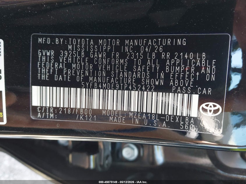 2026 Toyota Corolla VIN 5YFB4MDE9TP452422 IAAI salvage auction — FRONT END, Salvage (Texas), sold $4,050 on 2026-07-21 (photo 9)