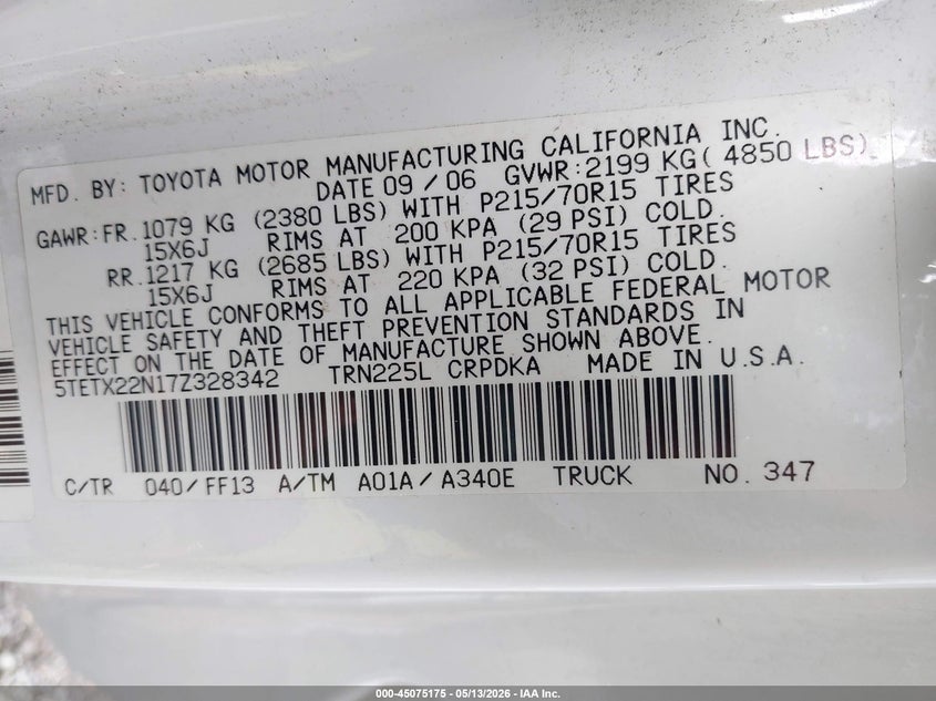 2007 Toyota Tacoma VIN 5TETX22N17Z328342 IAAI salvage auction — RIGHT REAR, Salvage (Hawaii), sold $1,100 on 2026-07-28 (photo 9)
