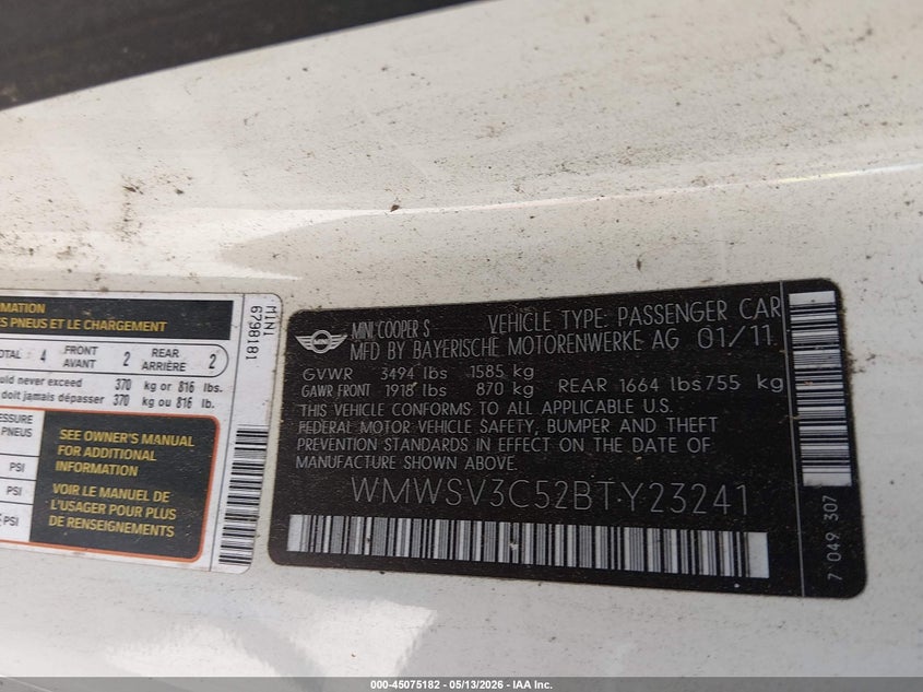 2011 Mini Cooper VIN WMWSV3C52BTY23241 IAAI salvage auction — REAR END, Clear (Virginia), sold $850 on 2026-07-17 (photo 9)