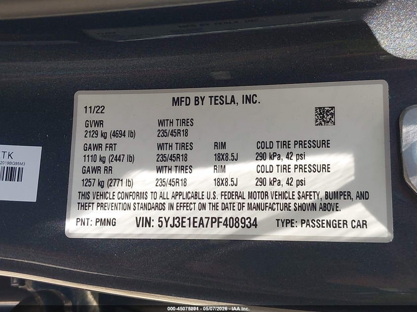 2023 Tesla Model 3 VIN 5YJ3E1EA7PF408934 IAAI salvage auction — NORMAL WEAR, Sf97 (Indiana), sold $25,250 on 2026-07-15 (photo 9)