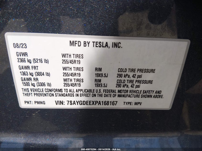 2023 Tesla Model y VIN 7SAYGDEEXPA168167 IAAI salvage auction — REAR END, Salvage (New Jersey), sold $9,200 on 2026-07-23 (photo 9)