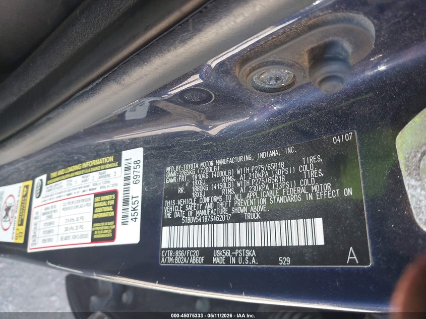 2007 Toyota Tundra VIN 5TBDV54187S462017 IAAI salvage auction — HAIL, Salvage (Iowa), sold $3,375 on 2026-07-29 (photo 9)