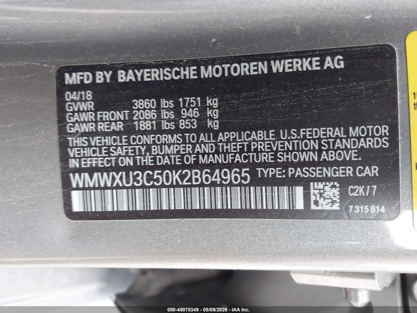 2019 Mini Hard top VIN WMWXU3C50K2B64965 IAAI salvage auction — RIGHT FRONT, Salvage Title, sold $2,650 on 2026-07-15 (photo 9)