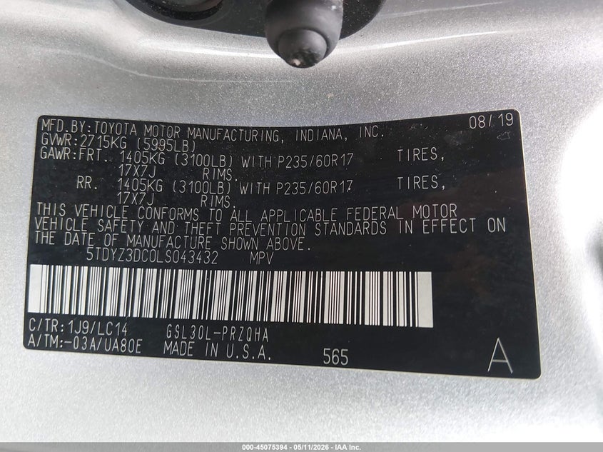 2020 Toyota Sienna VIN 5TDYZ3DC0LS043432 IAAI salvage auction — FRONT END, Salvage (Massachusetts), sold $8,575 on 2026-07-24 (photo 9)