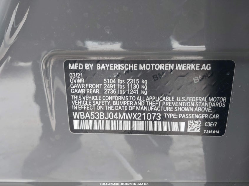 2021 BMW 5er VIN WBA53BJ04MWX21073 IAAI salvage auction — LEFT FRONT, Salvage (California), sold $22,500 on 2026-07-10 (photo 9)