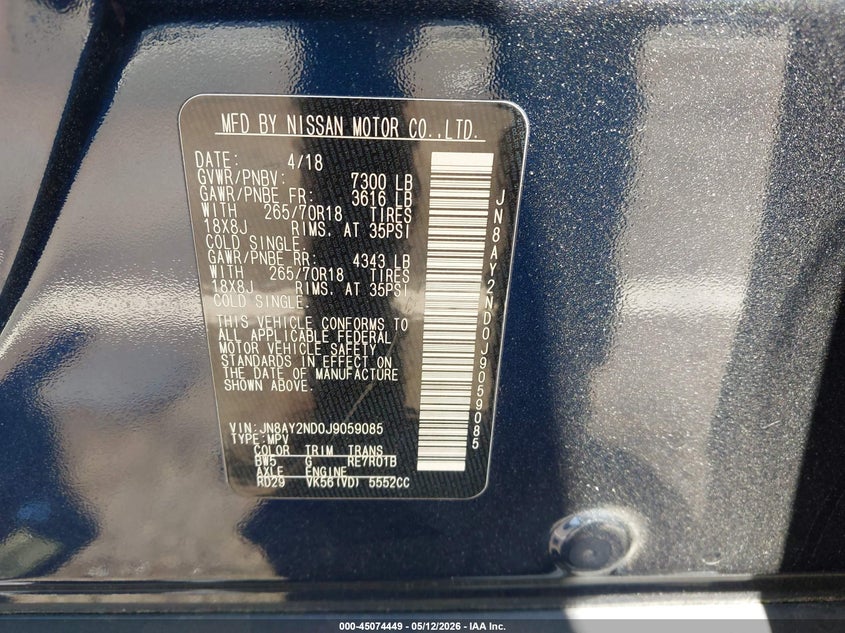 2018 Nissan Armada VIN JN8AY2ND0J9059085 IAAI salvage auction — FRONT END, Salvage (North Carolina), sold $2,900 on 2026-07-15 (photo 9)