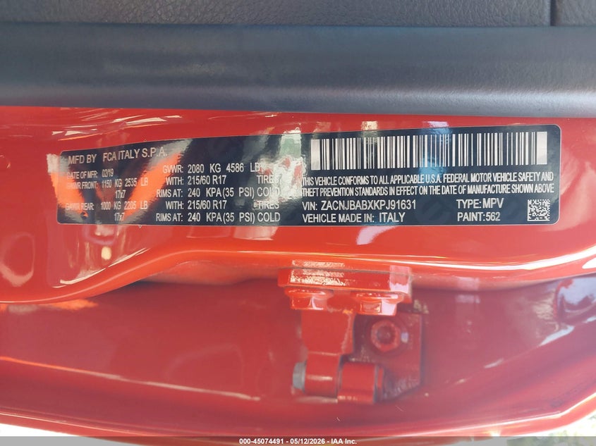 2019 Jeep Renegade VIN ZACNJBABXKPJ91631 IAAI salvage auction — FRONT END, Mv-907A (New York), sold $1,050 on 2026-07-07 (photo 9)