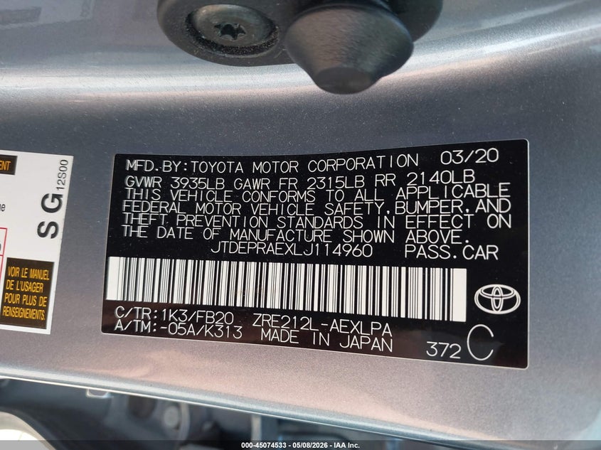 2020 Toyota Corolla VIN JTDEPRAEXLJ114960 IAAI salvage auction — FRONT END, Original (Texas), sold $3,575 on 2026-07-29 (photo 9)