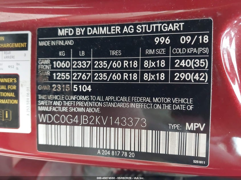 2019 Mercedes-benz Glc class VIN WDC0G4JB2KV143373 IAAI salvage auction — RIGHT FRONT, Original (Texas), sold $6,650 on 2026-07-09 (photo 9)