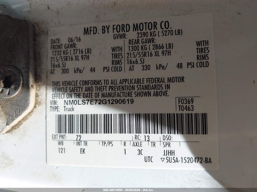 2016 Ford Transit VIN NM0LS7E72G1290619 IAAI salvage auction — NORMAL WEAR, Clear (New Jersey), sold $975 on 2026-07-30 (photo 9)