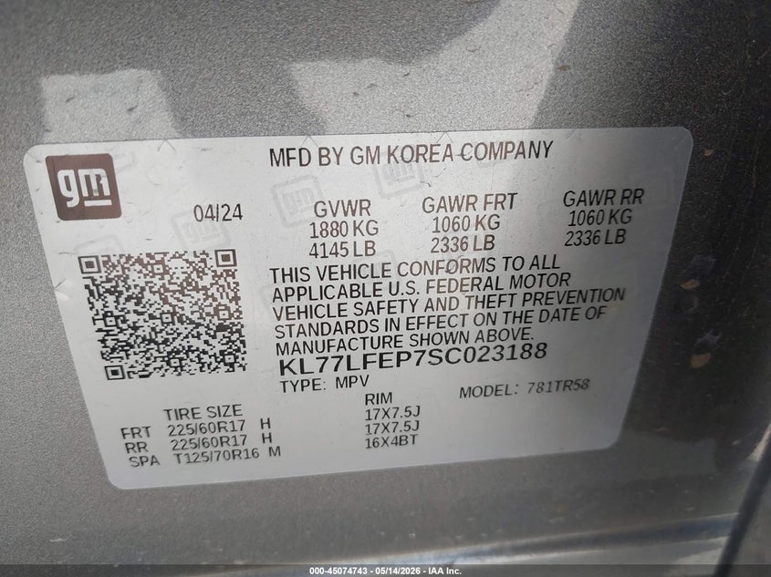 2025 Chevrolet Trax VIN KL77LFEP7SC023188 IAAI salvage auction — FRONT END, Original (Texas), sold $6,150 on 2026-07-13 (photo 9)