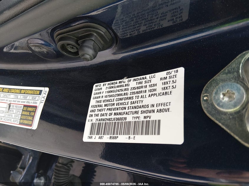 2018 Honda Cr-v VIN 7FARW2H82JE060039 IAAI salvage auction — FRONT END, Salvage (Missouri), sold $6,900 on 2026-07-16 (photo 9)
