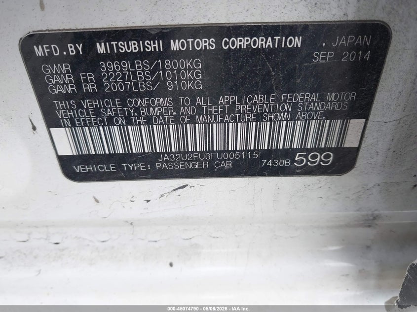 2015 Mitsubishi Lancer VIN JA32U2FU3FU005115 IAAI salvage auction — FRONT END, Salvage (Idaho), sold $25 on 2026-07-10 (photo 9)