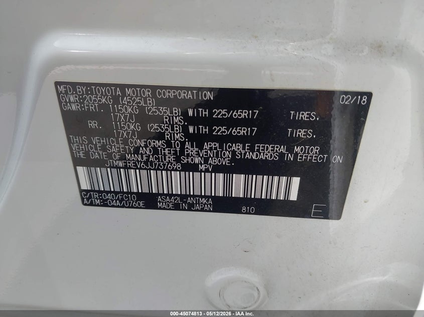 2018 Toyota Rav 4 VIN JTMWFREV6JJ737698 IAAI salvage auction — FRONT & REAR, Salvage (North Carolina), sold $2,950 on 2026-07-08 (photo 9)