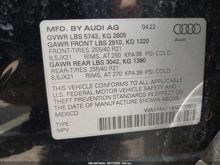 2022 Audi Sq5 sportback VIN WA114AFY4N2103603 IAAI salvage auction — WATER/FLOOD, Bill Of Sale (Hawaii), sold $3,350 on 2026-07-16 (photo 9)