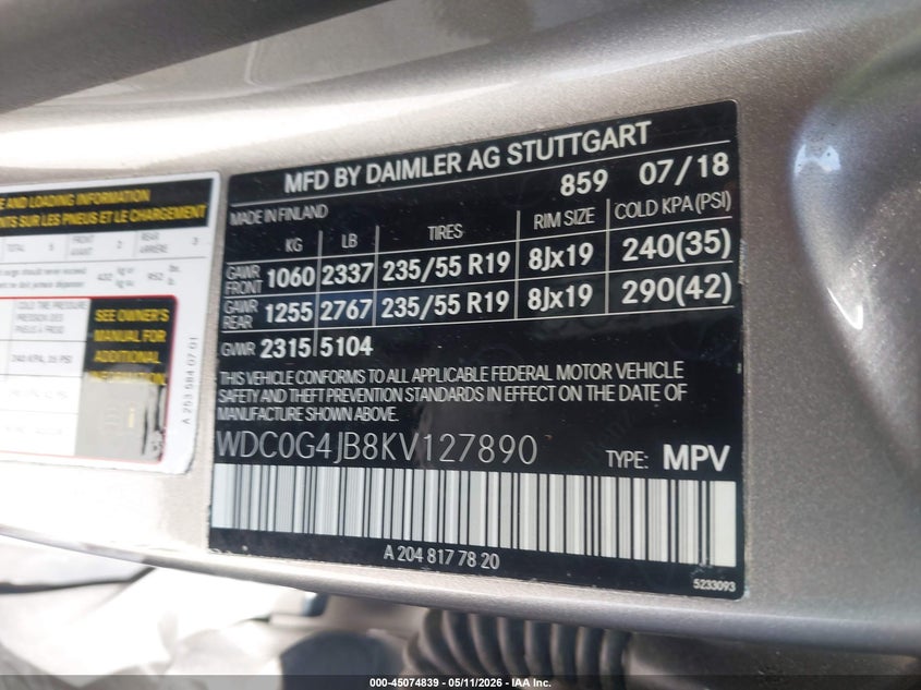 2019 Mercedes-benz VIN WDC0G4JB8KV127890 IAAI salvage auction — REAR END, Salvage (California), sold $8,600 on 2026-08-05 (photo 9)