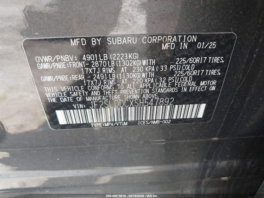 2025 Subaru Forester VIN JF2SLDDCXSH547892 IAAI salvage auction — SIDE, Salvage (Virginia), sold $5,125 on 2026-07-17 (photo 9)